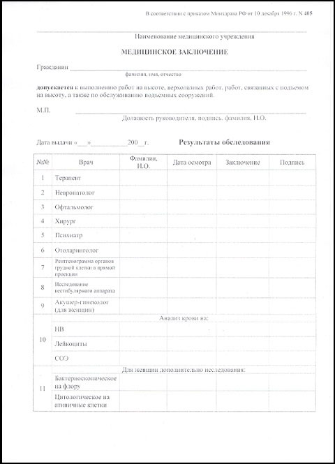 Справка 405 для работы на высоте в Екатеринбурге